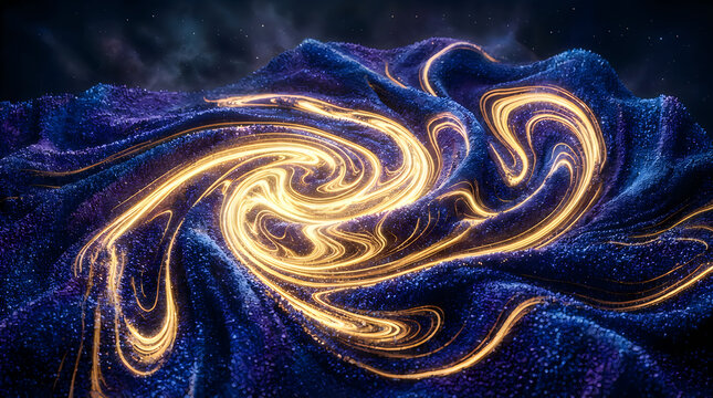 Abstract Cosmic Swirl with Glowing Golden Liquid Energy Flowing Over Deep Blue Textured Fabric