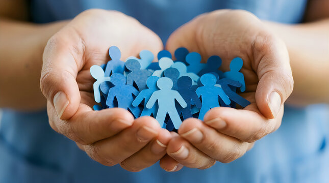 Hands holding blue paper cutouts of people representing community care