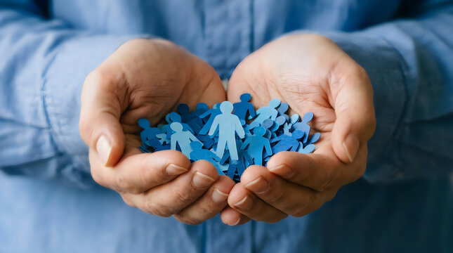 Caring hands holding a collection of blue human silhouettes, embodying community support and interconnectedness