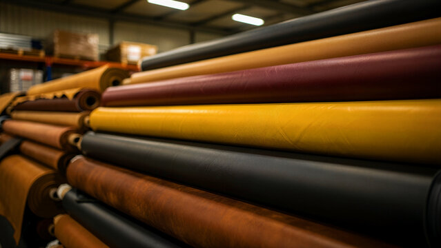 Colorful rolls of leather and synthetic fabrics stacked in a warehouse. Assorted textures in yellow and brown for furniture upholstery. Textile manufacturing concept, perfect for supply chain and.