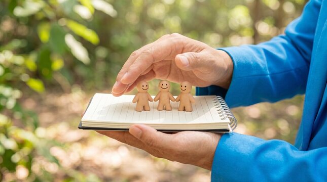 Professional hands protecting three small clay figures on a notebook representing human resources team management and corporate employee support concepts