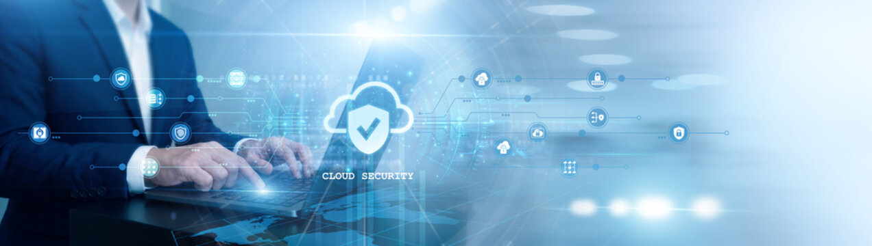 Cybersecurity expert working on laptop. Cloud Security infrastructure. Specialist protecting virtual servers and encrypted data storage. Secure cloud migration and digital threat defense.