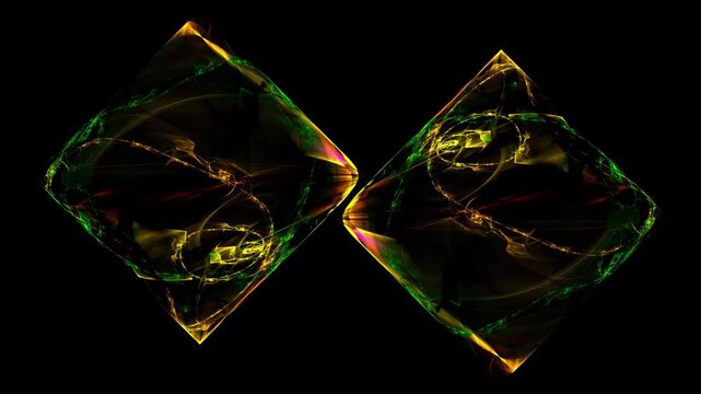 Abstract Rotating Diamond Shape Fractal Crystals with Glowing Green and Gold Patterns