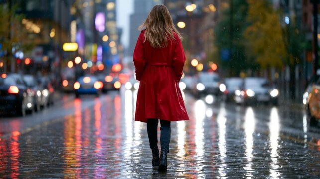 Urban Scene with a Woman in Red Coat Walking in the Rainy City Atmosphere at Night