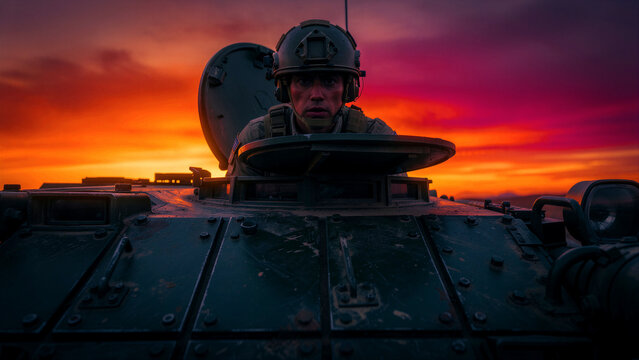 Soldier looking out from a military tank hatch at sunset. Armored vehicle commander on a tactical mission at dusk. Defense and security concept for military recruitment and news media usage.