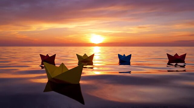 Colorful paper boats floating on calm water at golden sunset