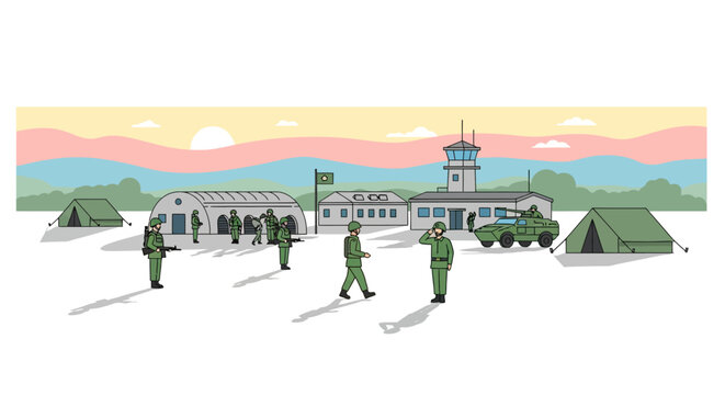 Military base illustration: soldiers, buildings, and vehicles under sunset