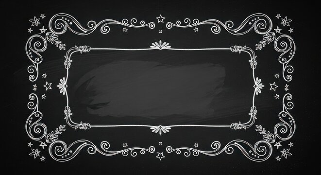 Chalkboard background with handdrawn vintage decorative frame, ornate border with swirls, stars, and floral elements on a black textured surface