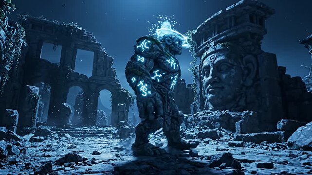 Ancient Stone Golem with Glowing Blue Runes Walking Through Mythical Temple Ruins
