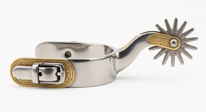 Western Horse Riding Spur with Ornate Gold Detailing and Steel Rowel Isolated on White Background for Equestrian Sports and Cowboy Rodeo Gear