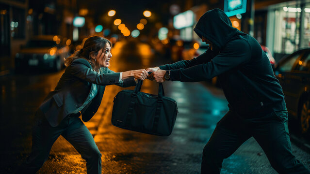 Woman in suit fighting off a hooded attacker on a night city street. Thief snatching a bag from a victim during an urban mugging. Personal safety and crime prevention concept for security ads.