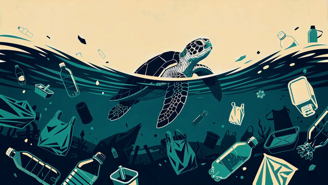 Sea turtle swimming through floating plastic waste. Graphic illustration showing ocean pollution with bottles surrounding marine life. Environmental conservation concept for awareness campaigns.