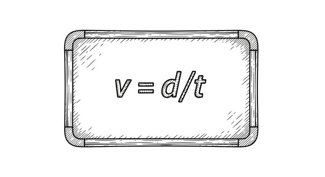 Physics formula v=d/t for velocity, distance, time on a whiteboard