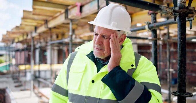 Mature, man and architect with headache on construction site for injury, accident or overworked. Frustrated, male person or contractor with migraine or stress for building mistake, strain or pressure