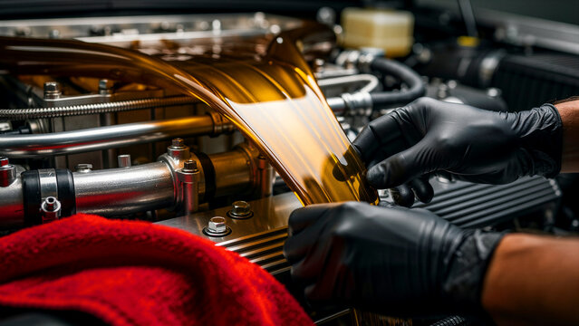Hands in black gloves pouring fresh golden motor oil into a car engine. Professional mechanic performing routine maintenance. Lubrication and engine protection concept for automotive service.
