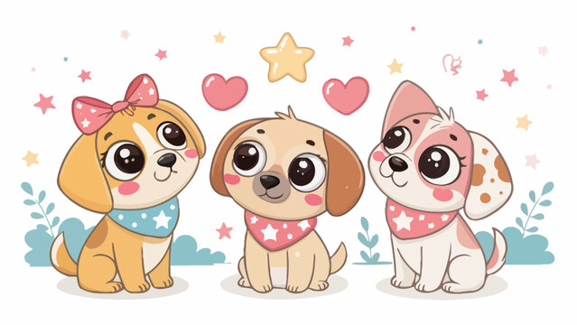 Three cute cartoon puppies sitting together with hearts and stars