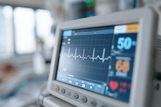 Medical monitor displays vital signs with clear, steady waveform patterns. Numbers and icons indicate heart rate, blood pressure, and oxygen saturation