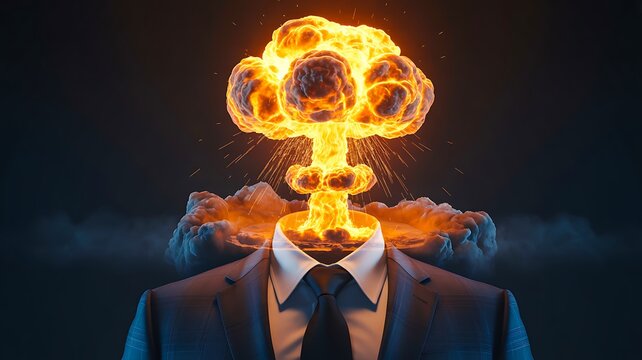 Businessman with exploding nuclear cloud head symbolizing stress crisis and destructive thinking