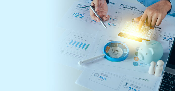 Retirement planning concept, Financial advisor reviewing retirement readiness assessment dashboard, savings progress, income strategy, healthcare preparation and lifestyle sustainability analysis