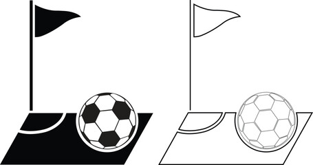 Football corner kick flat and line icons set. Featuring a soccer ball on a field pitch next to a corner flag silhouette for sports tournament design layouts vectors isolated on transparent background. © M