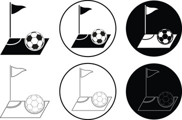 Football corner kick flat and line icons set. Featuring a soccer ball on a field pitch next to a corner flag silhouette for sports tournament design layouts vectors isolated on transparent background. © M