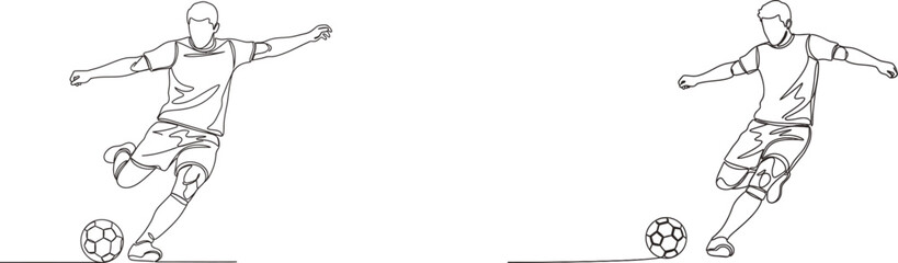 Fototapeta premium Continuous line drawing of soccer players kicking a ball in two different poses