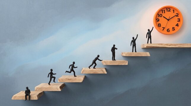 Businessmen climbing wooden stairs towards a large orange clock representing career growth time management and professional success in a conceptual setting