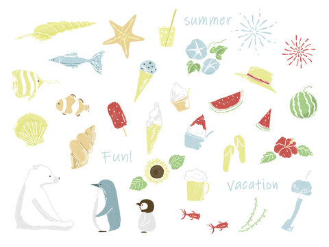 夏のかわいい手描きイラストセット