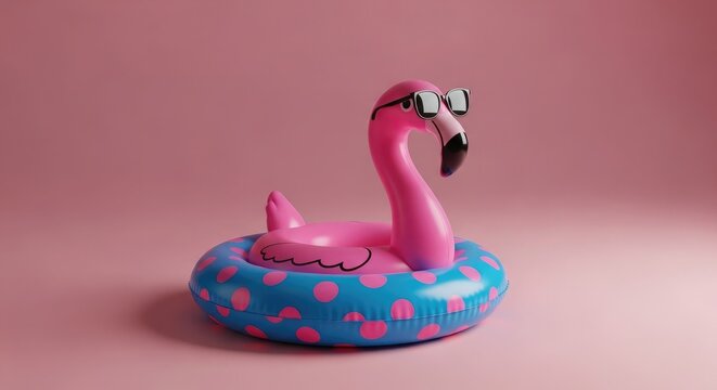 Fun summer vacation float pink flamingo pool toy on pastel background for tropical getaway concepts