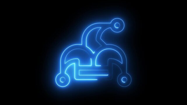 Neon glowing jester hat animation, blue light joker symbol on black background 4k video ,