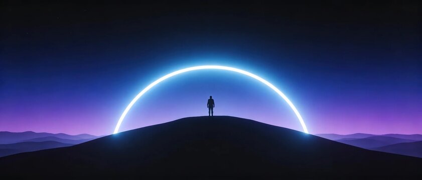 Silhouette of lone man standing on top of dark sand hill under glowing blue neon semicircle arch against purple gradient night sky with distant mountains for futuristic concept