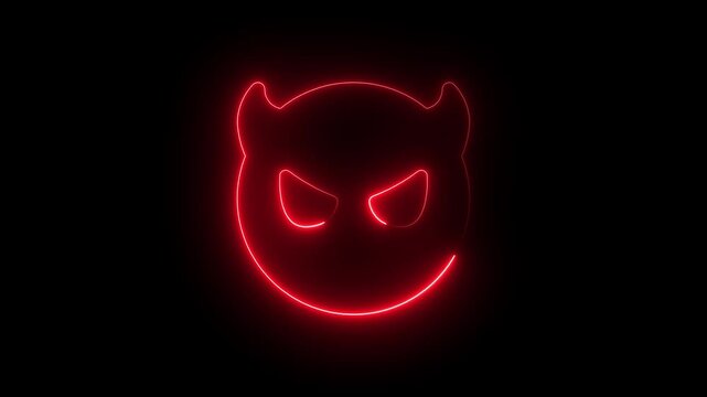 Glowing red neon devil emoji animation on black background