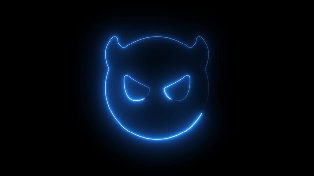 Neon blue glowing devil emoji outline animation on black background