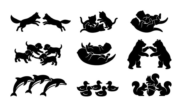 Playful Animal Silhouettes Collection: Dogs, Cats, Bears, Dolphins, Ducks, Squirrels, Wolf Pups, Baby Animals, Vector Icons for Children's Designs