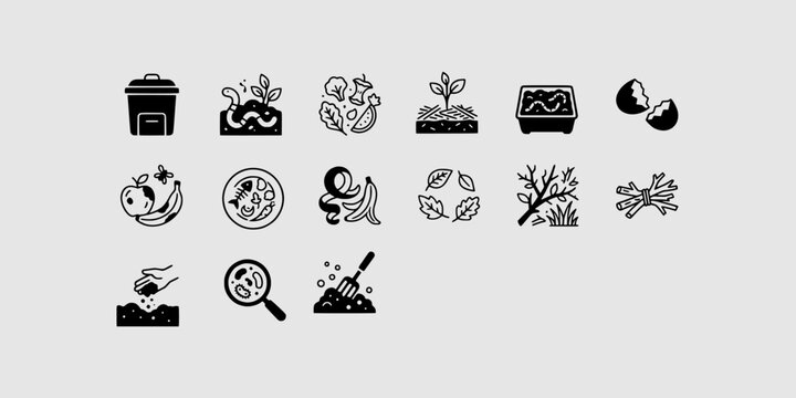 Icon set collection of composting and waste management concepts, depicting organic recycling, decomposition, worms, soil, and eco-friendly gardening tools.
