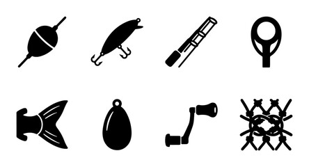 Fishing Gear Icons Set: Rod Reel Lure Float Weight Net, Vector Graphics for Angling and Outdoor Recreation © Nahid