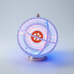 Fototapeta premium Intricate celestial model. Rings represent planetary orbits. Copper gear dominates center. Blue, pink lighting creates soft glow.