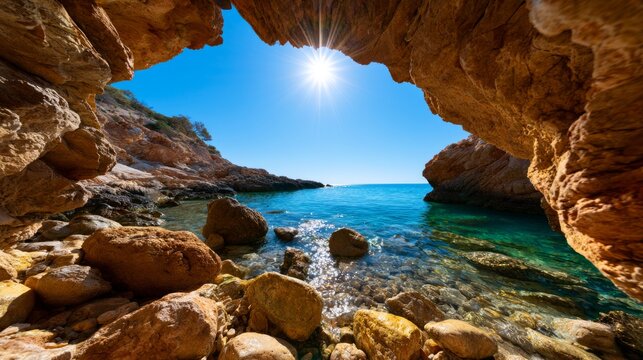 Serene View of Ocean Under a Bright Sun from Rocky Cliffs in Tranquil Seaside Cove