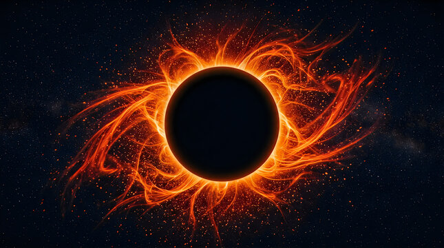 Abstract Solar Eclipse with Flaming Fiery Corona in Deep Space