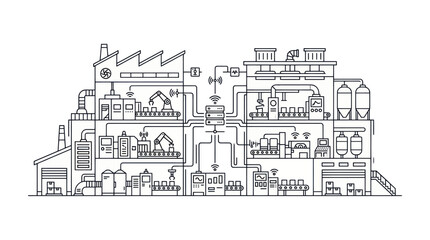 Obraz premium Smart Factory Automation Outline Vector Illustration