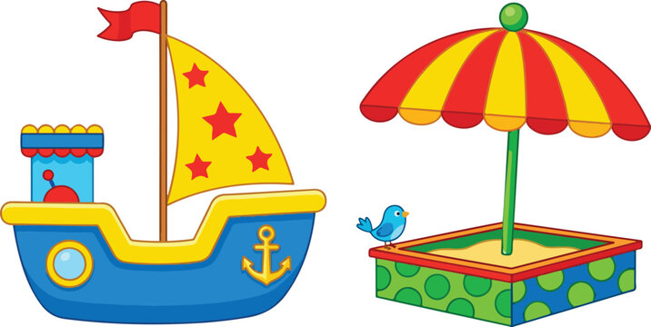Colorful cartoon pirate ship and sandpit with umbrella and bird Vector