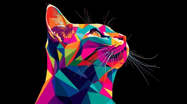 Colorful geometric low poly portrait of a cat on black background