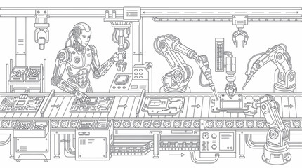 Obraz premium Robotics Assembly Line Line Art Illustration