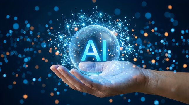 Innovative AI technology glowing with data particles emanating from a hand