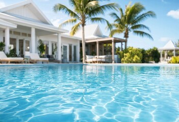 Fototapeta premium Luxury tropical villa swimming pool with sunlight reflections, modern architecture, palm trees, serene summer vacation resort landscape, calm atmosphere, luxury lifestyle outdoor scenery background.
