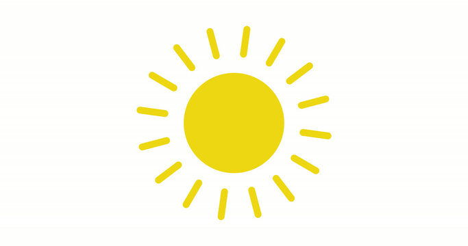 Yellow sun rotating rays. sunlight spinning around hot summer symbol isolated on white background. Motion graphics of sun rays concept