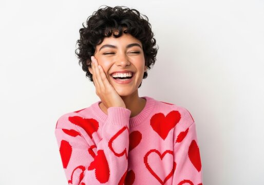 Smiling woman in pink heart print shirt