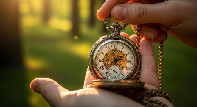 Vintage Pocket Watch Held in Hands with Golden Sunlight.
