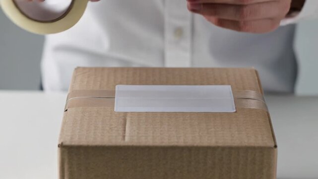 Hands of a person applying a label to a cardboard box, then using tape to secure it, showcasing the packaging process in a clean indoor workspace