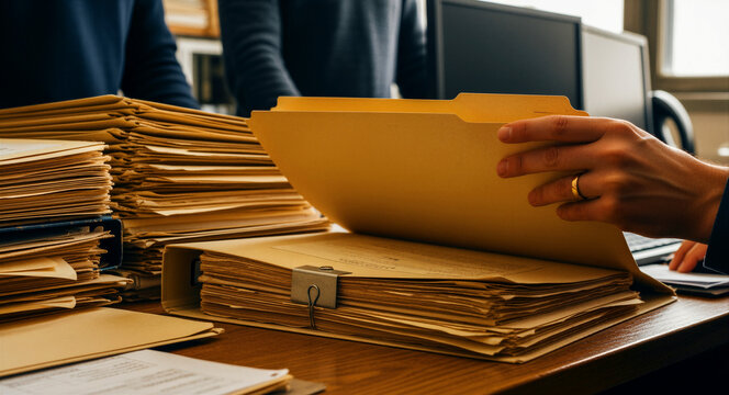 Person opening a manila file folder on a desk cluttered with stacks of documents. Employee reviewing archived records in an office. Concepts of bureaucracy and data management for business marketing.